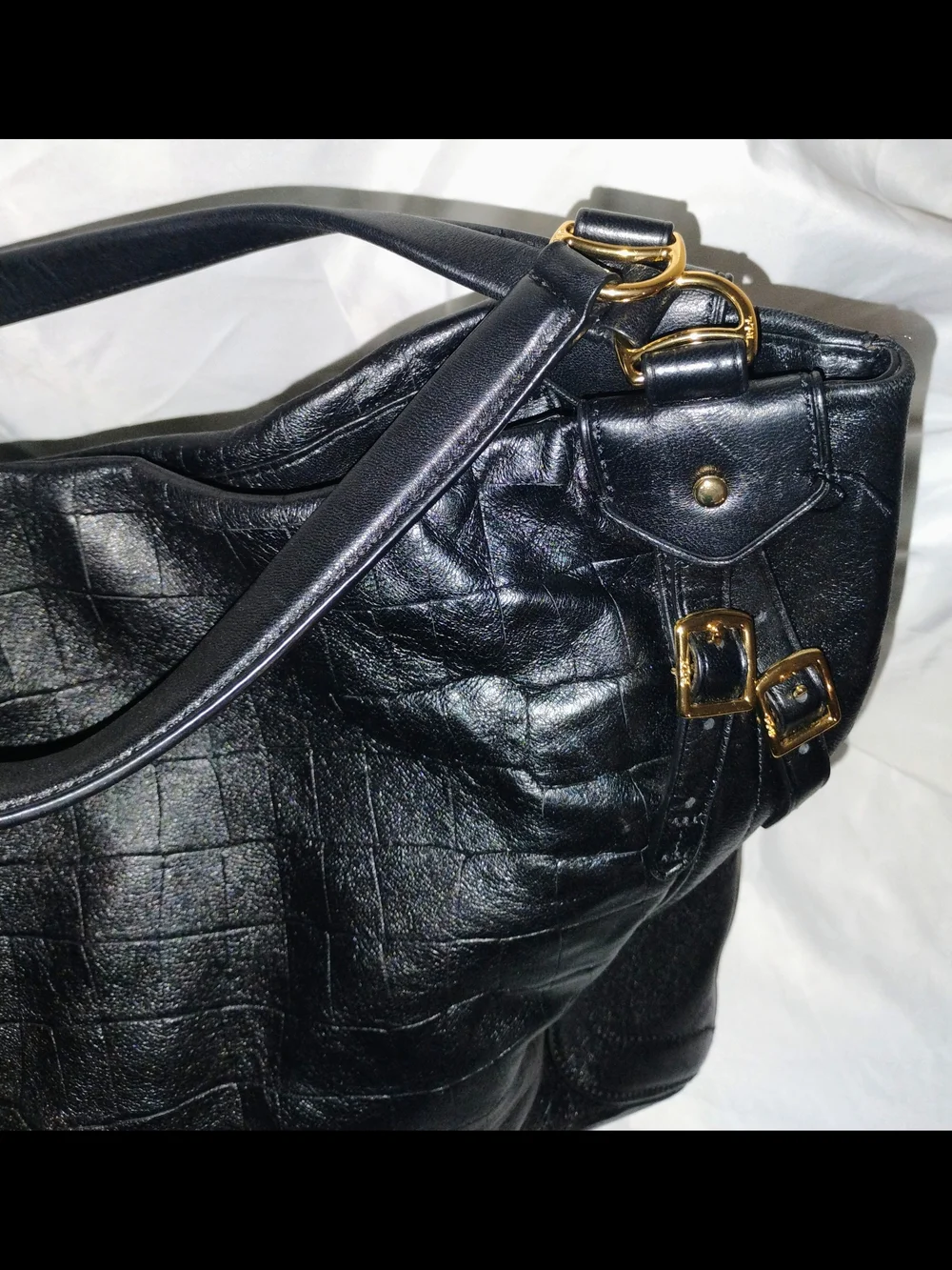 Lauren Ralph Lauren Black Croc Embossed Large Shoulder Tote Bag Gold Hardware